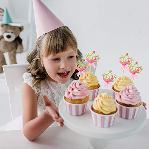 Morndew 24 Pcs Gold Glitter Princess Crown Cupcake Toppers Tiara Cupcake Toppers With Pink Bows For Kids' Birthday Party Wedding Party Baby Shower Decorations #TOP4