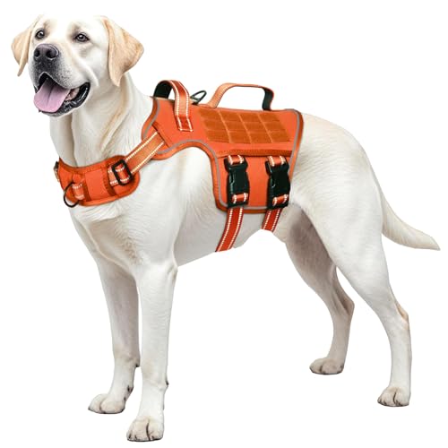 RunFido Hundegeschirr für große Hunde, strapazierfähiges taktisches Molle-Hundegeschirr, einfach an- und auszuziehen, atmungsaktiv, gepolstert, verstellbar, reflektierende Weste für Spaziergänge