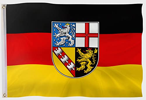 PHENO FLAGS Saarland Flagge - Bundeslandfahne mit Messing-Ösen - 90 x 150 cm - Wetterfeste Fahnen für Fahnenmast - 100% Polyester Cover