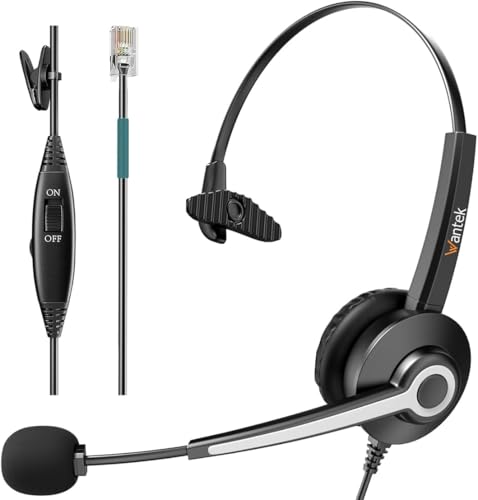 Wantek Auriculares Teléfono Fijo RJ9 Mono, Micrófono con Cancelación de Ruido, Cascos con Control de Volumen para ShoreTel Plantronics Polycom Zultys NEC Nortel Norstar Meridian(681RJ)