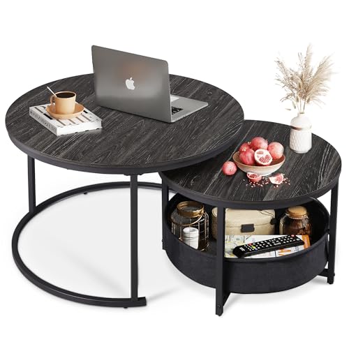 WLIVE Couchtisch Rund 2er Set, Beistelltisch mit Stoffkorb, Satztische Wohnzimmertisch mit Metallrahmen und Holzplatte, Sofatisch für Wohnzimmer, Balkon (Holzkohle Schwarz)