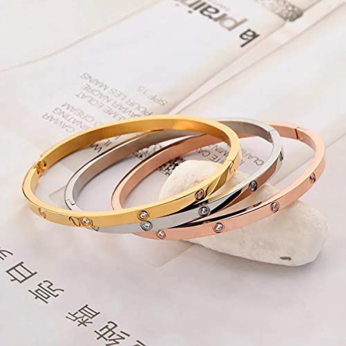 Gold/Rose/White Gold Plated Love Friendship Bracelet Personality Stackable Stainless Steel Bangle With Cubic Zirconia Crystal Bangle Bracelets Present Gift For Women Teen Girls (4Mm Tri-Color) #TOP2