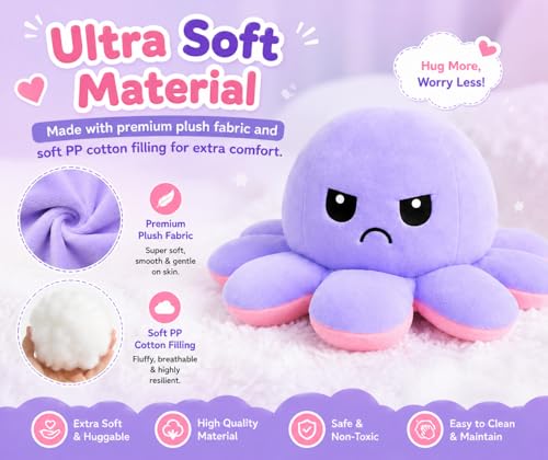Image of Reversible Octopus Plush Toy 18 cm | Flip Mood Soft Toy | Double-Sided Happy & Angry Expression | Super Soft Stuffed Animal Plushie | Cute Kids Gift, Stress Relief Toy, Home Decor