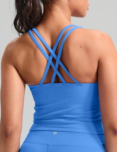 Image of HeyNuts Zeal Bras Longline Ribbed Medium Support Sports Bras, Crisscross Back Tank Tops with Removable Pads A-D Cups