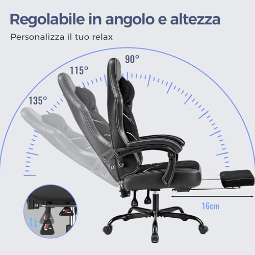 Sedia Gaming Ergonomica, Sedia da Ufficio con Poggiapiedi, Regolabile, Supporto Lombare, Cuscino a Molle, Braccioli Sincronizzati, Capacità di Carico 200kg, Nero Ossidiana - Sedia gaming - Immagine 6