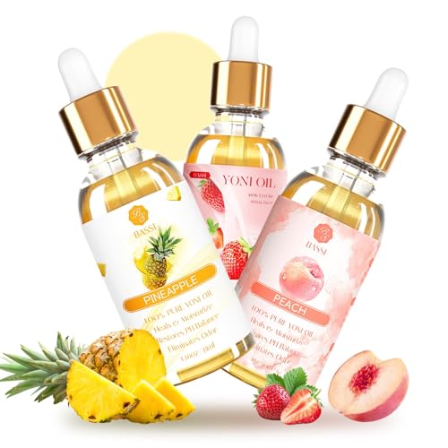 3 Packs Yoni Oil for Women - Feminine Care Oil - All Natural Vaginal Essential Oils, Reduces Odor, Restores pH Balance and Wetness, 1 fl oz/pc Strawberry Pineapple Peach Scent