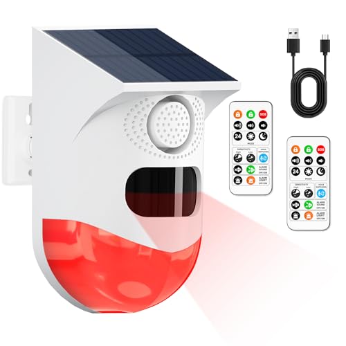 Cuteefun Sensore Movimento Solare, Sensori di Movimento con 2 Telecomando, Rilevatori di Movimento Senza Fili, Suono da 120dB e Impermeabilità IP67, Rilevatore Presenze per Garage, Giardino, Ufficio