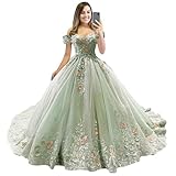Mauuwy Lace Dusty Sage Quinceanera Dresses Ball Gown 3D Floral Sweet 16 Dresses Tulle Luxury Vestidos De 15 Años Elegant Off Shoulder Prom Dress 8