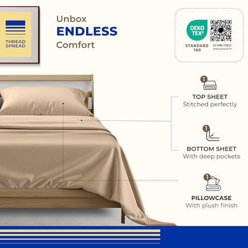 Image of THREAD SPREAD Twin XL Size Bed Sheets Set, Luxury 1000 Series 100% Egyptian Cotton Sheets Twin XL Size (3 PC, Taupe), Silky Soft, Cooling, Sateen Weave, 16 inch Deep Pocket Hotel Quality Sheet Set