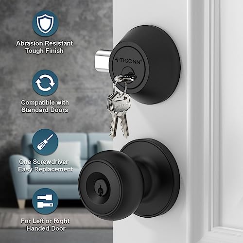 Ticonn 1 Pack Matte Black Door Knobs, Colonial Style Door Knob For Entrance, Bedroom, Bathroom And Closet (Deadbolt With Keyed Entry Lever, 1 Pack) #TOP4