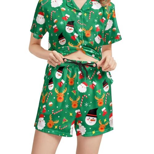 Image of Funny Satin Pajamas Set for Women Button Down Sleepwear Print Pjs Set 2 Piece Short Sleeve Loungewear Gift for Women