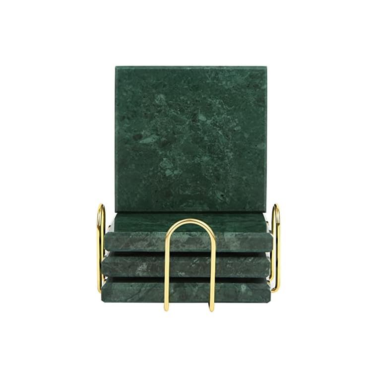 TransMarble Square Coasters Set of 4pcs for Drinks with Metal Holder-Made of Selected Natural Marble as Luxury Home Decor Items (Emerald Green)