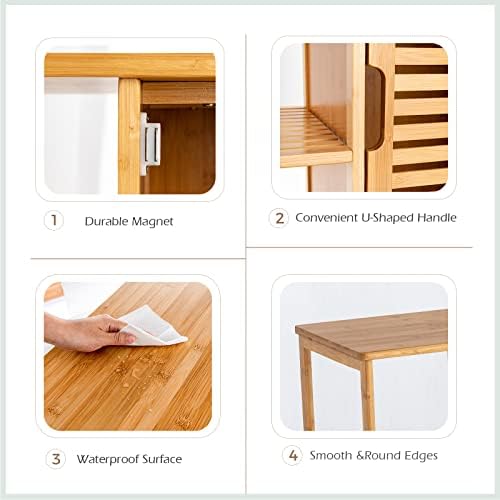 Multigot Bamboo Bathroom Cabinet, Floor Standing Storage Cupboard with 3 Opening Shelves and Single Shutter Door, Freestanding Display Side Organizer for Hallway Kitchen Living Room