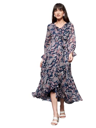 Image of Miss Chase Women's Bohemian Ruffled Tie-Up Midi Chiffon Dress