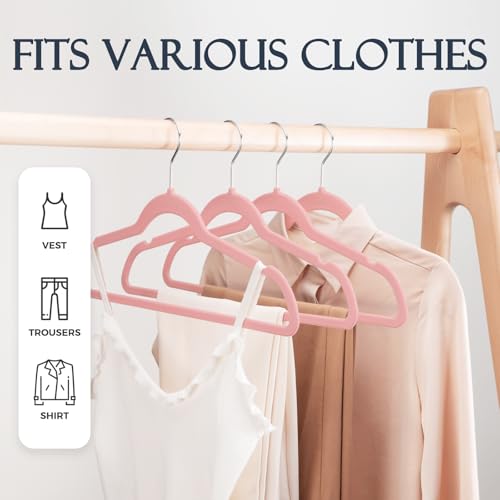 HOUSE DAY Lt Pink Velvet Hangers 20 Pack, Non Slip Clothes Felt Hanger Heavy Duty for Coat, Premium Slim Space Saving Suit Hangers for Closet Organizer, 360° Rotating Silver Hook