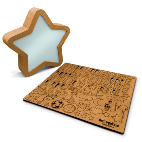 Lámpara Estrella Personalizada Infantil de Madera. Luz LED Cálida. Lámpara de Mesita de Noche Personalizable con Nombre. Incluye Letras Adhesivas y Guía. Regalo para Bebés Recien Nacidos Niños Niñas