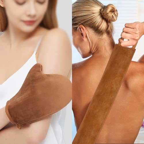Image of FUNAN Self Tanning Applicator Kit with Soft Mitt, Back Lotion Strap, and Ultra Soft Rose Gold Kabuki Brush, Brown, 3 Piece Set