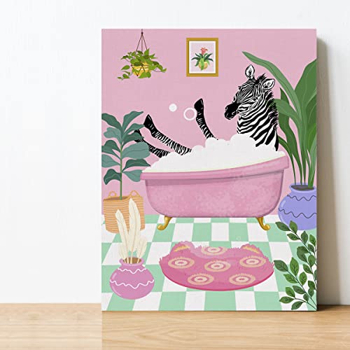Zebra Pink Bath Plants Canvas Poster Painting Bathroom Wall Art, Zebra Picture Artwork Framed Print Ready To Hang For Home Wall Decor 12 X 15 Inch #TOP3