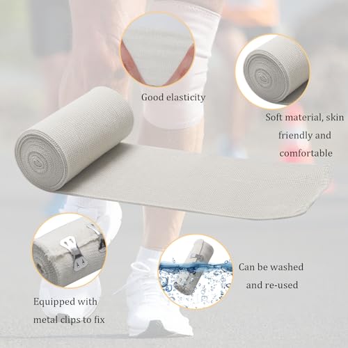 6 Stück Elastische Bandage, Weiße Kompressionsbinden Elastischer Verband mit Metallclips, Elastische Medizinische Fixierbinde für Handgelenke Knöchel Knie