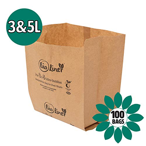 All-Green 3L & 5L - 100 x Paper - Compostable Brown Caddy Food Waste Bin Liners/Bin Bags