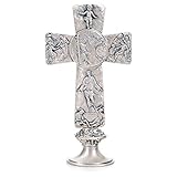 Holyart Tischkreuz, silberfarbenes Metall, Reliefbilder