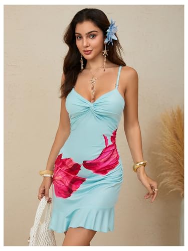 Image of Floerns Women's Summer Tropical Twist Front Ruched Ruffle Hem Bodycon Cami Dress