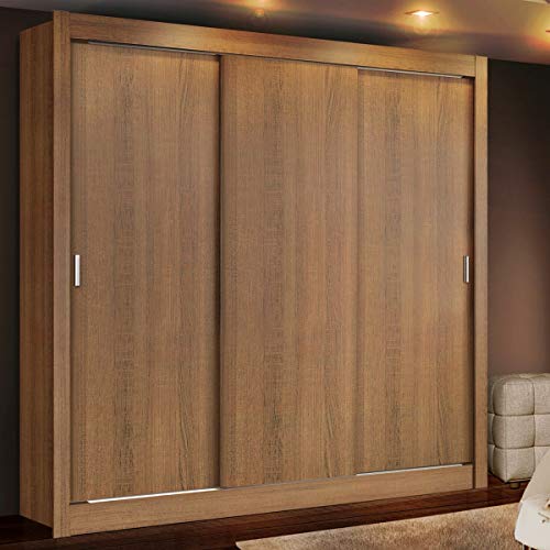 Image of Madesa Monaco Wardrobe, 3 Sliding Doors, Engineered Wood, Aluminium Handles, 170 cm Width, Brown, for Bedroom Storage