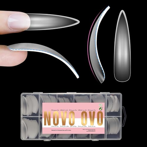NOVO OVO Halloween XXL Curved Almond Stiletto Nail Tips Press on Full Cover, Soft Gel Extra Thick Long Acrylic Hawk Curve Fake Nails Extension Kit, Clear Pre-etched French False Nail 12 Sizes 240 Pcs