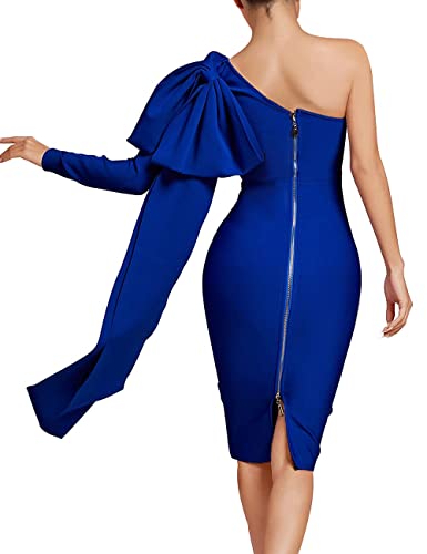 Image of UONBOX Women's One Shoulder Bowknot Long Sleeve Bodycon Knee Length Club Party Bandage Dress