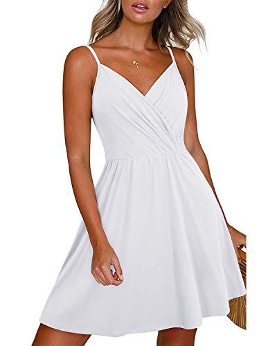 Newshows Women's 2025 Summer White Graduation Dress Spaghetti Strap Sleeveless V Neck Casual Swing Sundress with Pockets(White,Small)