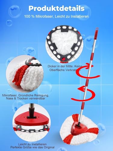 Wischmopp Ersatzbezug für Turbo 2-in-1, Bodenwischer Set Kompatibel mit Vileda EasyWring&Clean, Wischmop Ersatz, 4 Moppköpfe +1 Stiel +1 Moppbasis für mop, auch fur empfindliche Boden – Bild 3