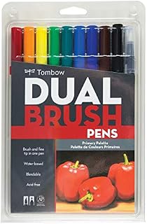 Tombow 56167 Dual Brush Pen Art Markers, Primary, 10-Pack. Blendable, Brush and Fine