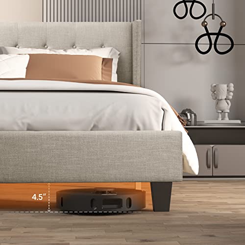 Bonsoir Bed Frame Upholstered Traditional Low Profile Platform With Wing Back Headboard/No Box Spring Needed/No Bed Skirt Needed/Linen Fabric Upholstery/Sand (Sand, Full Size) #TOP3