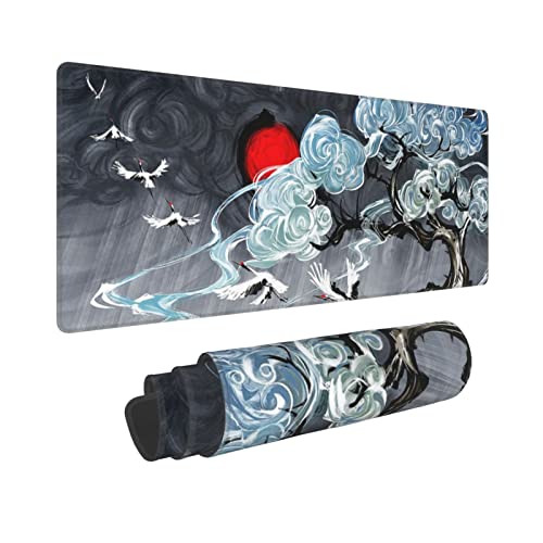 Japanese Art Sakura - Alfombrilla de ratón para juegos con bordes cosidos extendidos, alfombrilla de ratón grande, alfombrilla de escritorio personalizada para la oficina, 31.5 x 11.8 pulgadas