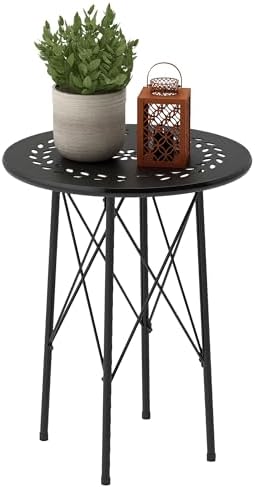 Outsunny 15.7" Round Garden Table with Floral Cut-Out, Steel Balcony Side Bistro Coffee Table, Outdoor Furniture with Adjustable Feet for Patio Garden, Black