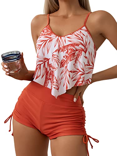MakeMeChic Women's Tankini Set Hanky Hem Top Swim Shorts Bikini Set Swimsuit Bathing Suit Tropical Orange M