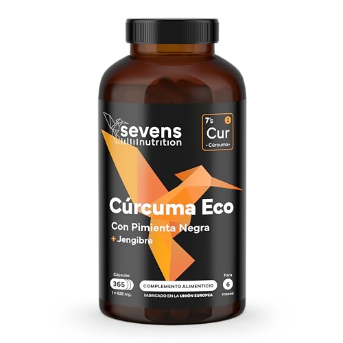 Cúrcuma con Jengibre y Pimienta Negra - 365 Cápsulas - 1410 mg por Dosis - Cúrcuma en Cápsulas Antiinflamatorio Natural con Absorción Mejorada - Apoyo Óseo y Articular - Certificado Ecológico - Sevens