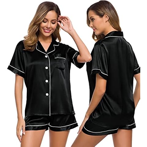 SWOMOG Pyjama Damen Kurz Satin Top und Short Schlafanzug Button Down Pjs Sets Frauen Seiden Nachtwäsche Schwarz Cover