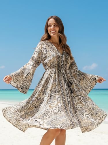 KE KANHA EXPORTS Dress for Woman|Boho Dresses for Women|Beach Wear|Border Print|Adjustable Tassel at Waist|Vacation Boho Casual|Multicolor|Easily fits S-M-L|Bust 32-38 in|Length 40 in