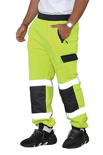 Hi Viz Mens Fleece Work Trousers Reflective Tape Band Safety Hi Vis Joggers, Men Warm High Visibility Two Tone Combat Side Pockets Bottoms Workwear Pants UK Plus Size S-5XL, (Yellow-Navy - S)