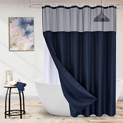 Luxury Textured Fabric Shower Curtainwith Snap-in Liner Navy Blue,72x78