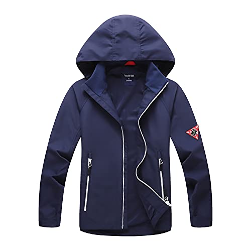 SHIBASHAN Chaquetas de lluvia impermeables de forro polar con capucha y cortavientos para niños, marino, 8-9 años