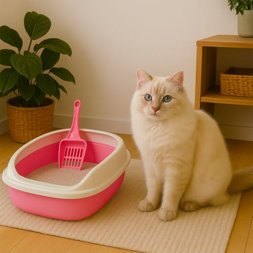Image of PETS EMPIRE Cat Litter Box Tray with Free Scooper - Semi-Closed Design, Durable Quality, Suitable for All Adult Cats & Kittens, Pink