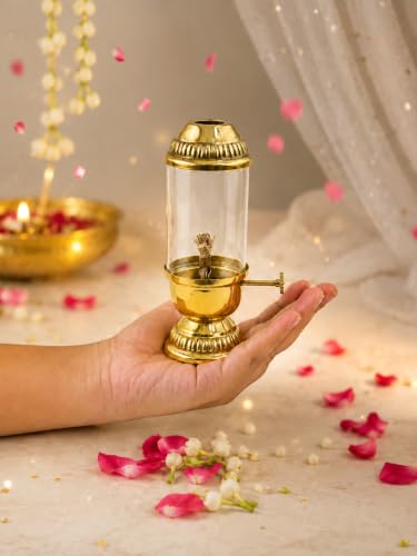 Image of K.N Creation Brass Akhand Diya with Adjustable Bati,with Screw Lever for Puja,Akhand Jyot Diya with Wick Lifting Screw Lever,Brass Diyas for Pooja,Akhanda Jyothi Deepam (Small- 60 ML)