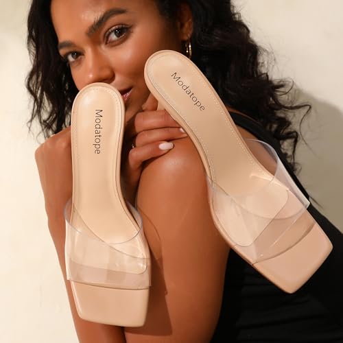 Image of Modatope Womens Heeled Sandals Open Square Toe Heels Chunky Block Heel Slip On Sandals for Women