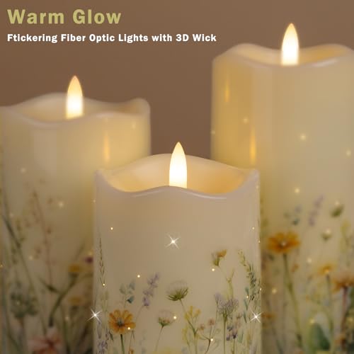 Image of Flameless Candles, Battery Operated Floral Candles with Remote, Fiber Optic Flameless Pillar Candles Set of 3 for Spring Decorations Indoor
