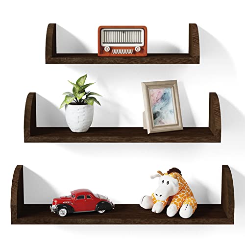 Image of SRIWATANA Rustic Floating Shelves, Solid Wood Wall Shelves Set of 3, Wooden Shelves for Bedroom, Living Room, Kitchen, Bathroom - Dark Brown
