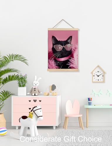 XUNLURY Trendy Black Cat Poster Hanger Frame, Cat Mom Lady Gifts Canvas Wall Art, Glam Fashion Pink Sunglasses Kitty Wall Decor for Girls Bedroom Home Dorm, 12x16 Inch — view 4
