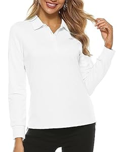 MoFiz Polo Femme Shirt Manches Longues Coton Sport Polo d'hiver Chaud Tennis Golf Tops Blanc L