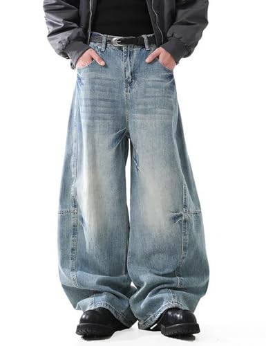 Nutriangee Men's Baggy Wide Leg Barrel Jeans Loose Fit Trendy Cutlass Streetwear Y2k Hip Hop Denim Pants, Blue 6, 32